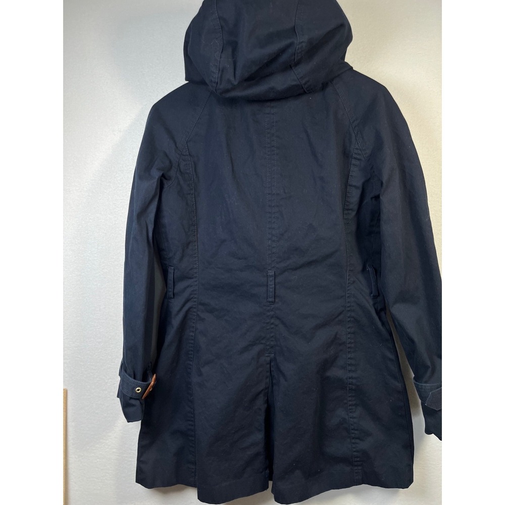 Banana Republic SMALL Navy Blue Hooded Twill Coat Zip Snap Below Knee Belt - Picture 4 of 10